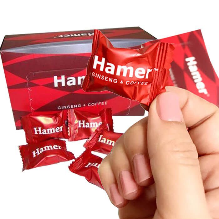 Kẹo sâm Hamer được gói trong bao bì màu đỏ, làm bằng nilon